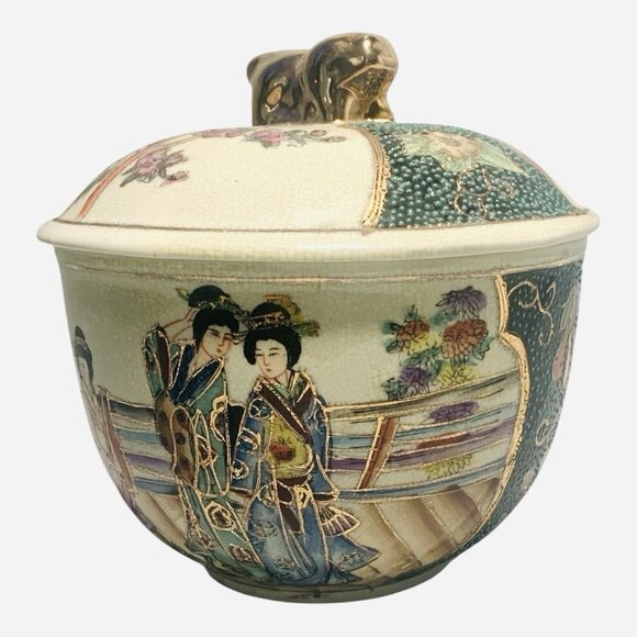 Royal Satsuma Vintage Hand-Painted Geisha Bowl with Lid Japanese Pottery 6"x6" - Picture 3 of 6